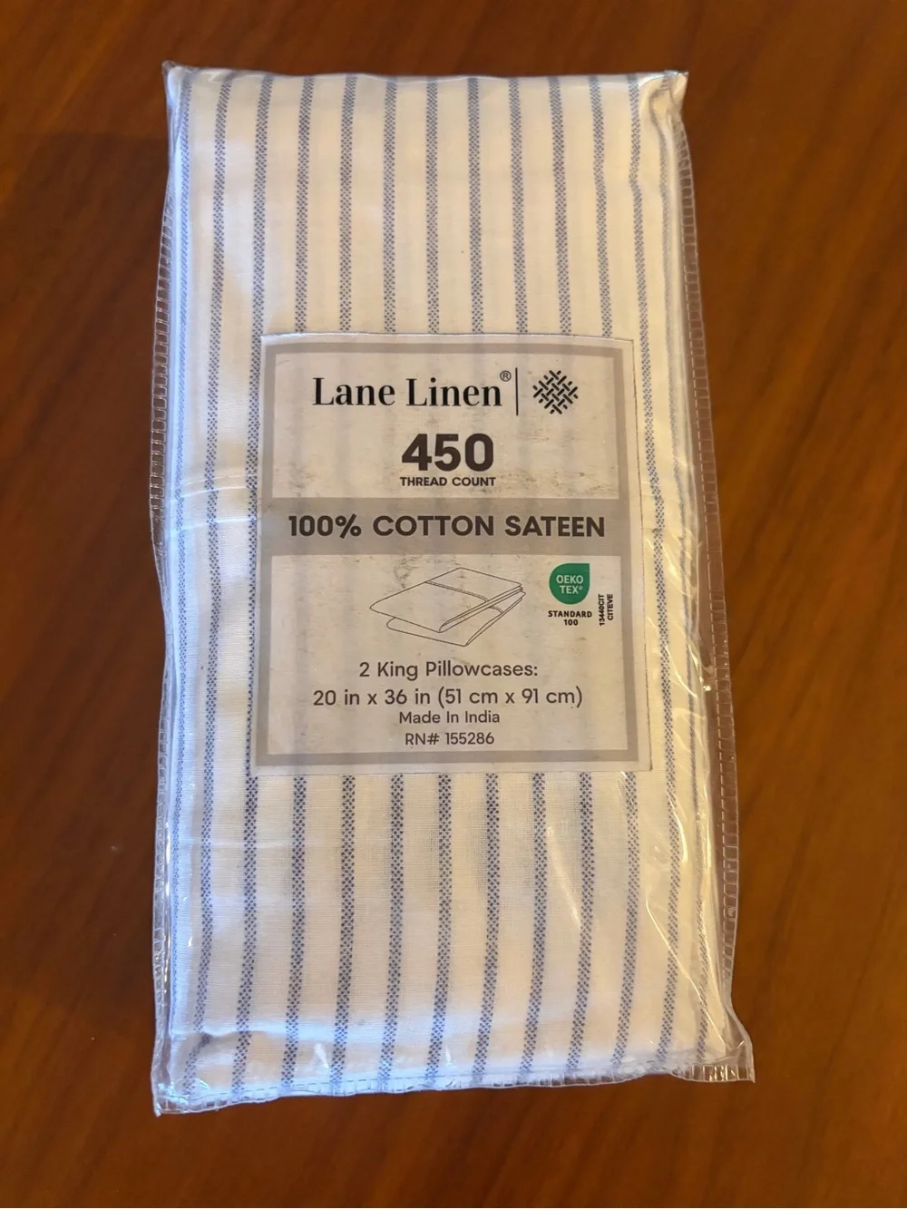 LANE LINEN NWT 100% Cotton Striped Pillowcases Set of 2 Blue White King 450